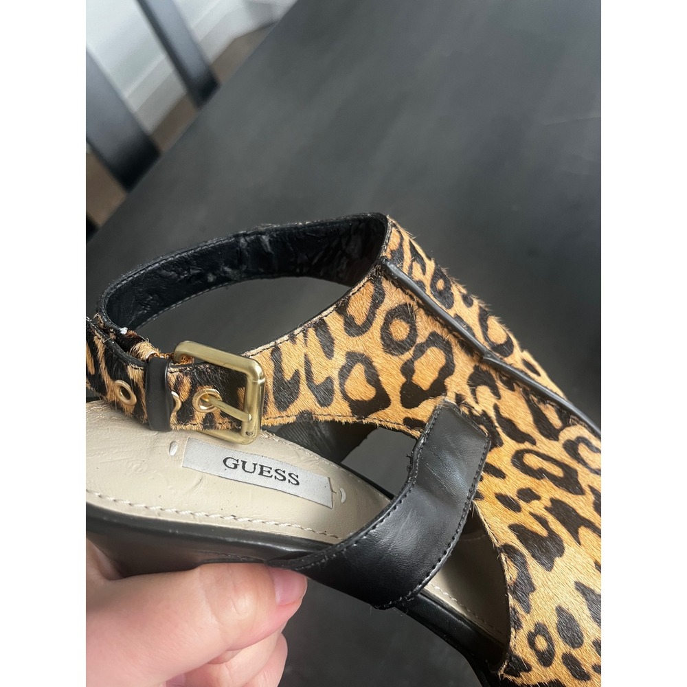 Guess Leopard Print Calf Hair Platform Stiletto Sandals Peep Toe Slingback - Picture 10 of 15
